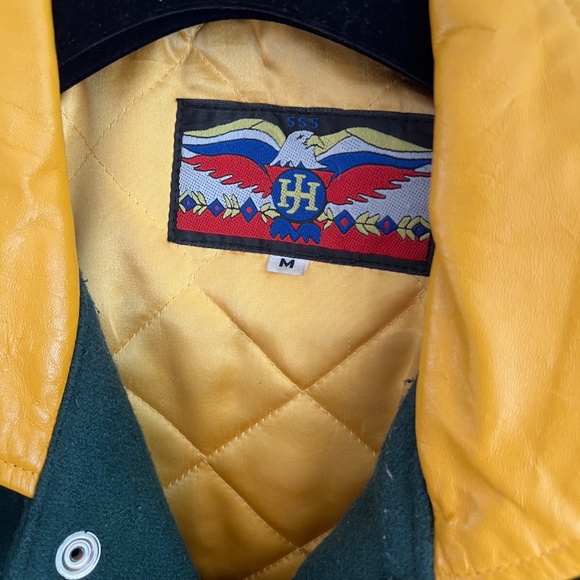 Green Bay Packers Bomber Jacket with leather sleeves, shoulders, trim. - Picture 9 of 10